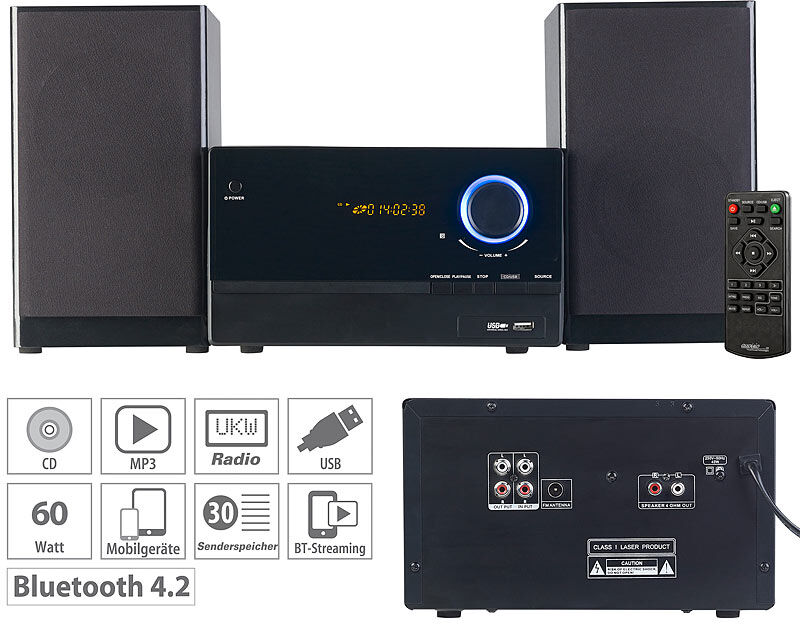 auvisio Micro-Stereoanlage, CD-Player, Radio, MP3-Player, Bluetooth, 60 Watt