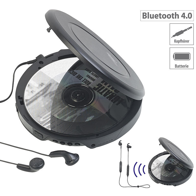 auvisio Tragbarer CD-Player mit Ohrhörern, Bluetooth und Anti-Shock-Funktion