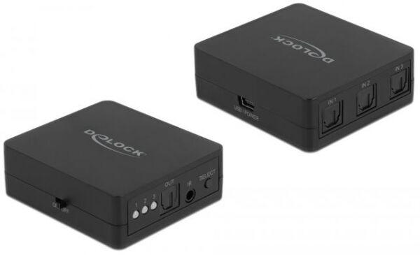 DeLock 63397 - S/PDIF TOSLINK Switch 3 In 1 Out mit IR-Fernbedienung und USB Stromversorgung