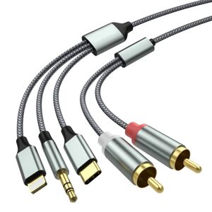Lyn til RCA kabel Audio Aux Adapter, RCA til 3,5 mm kabel，USB C til 2 RCA lydkabel, 3 i 1 lydkabel til bil, hjemmebiograf, højttaler og mere