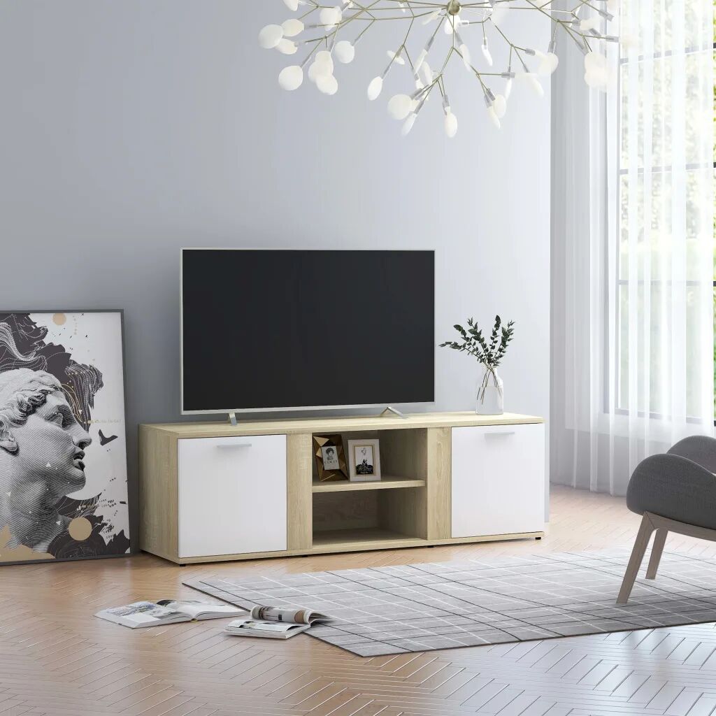 vidaXL TV skrinka, biela a dub sonoma 120x34x37 cm, drevotrieska