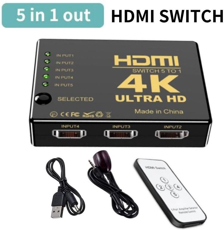 YJMP 4K HDMI Switcher 5 in 1 Out HDMI-compatible Splitter Switch Adapter HD-MI Selector Video Box Adapter With IR Remote for PC HDTV DVD PS4