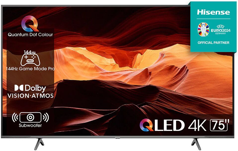 Hisense TV QLED 4K Ultra HD 75” 75E7KQ PRO, Smart TV VIDAA U7, QLED Display 144Hz, Wifi 6E, HDR Dolby Vision IQ, Quantum Dot Colour, 144Hz Game Mode PRO, Dolby Atmos con Subwoofer 2.1