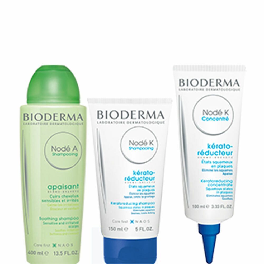 NAOS Bioderma Nodé K Kerato-Reduktions-Konzentrat + Kerato-Reduktions-Shampoo + Nodé A Beruhigungs-Shampoo