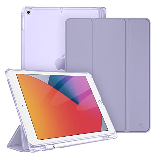 Fintie Case voor iPad 9e generatie 2021 / 8e generatie 2020 / 7e generatie 2019 10,2 inch met pennenhouder, ultradunne lichtgewicht beschermhoes met transparante achterkant, paars