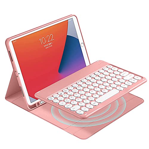 QYiD iPad-toetsenbordhoes voor iPad 8e generatie (2020) /7e generatie (2019) 25,2 cm, folio-hoes met potloodhouder, mangnet afneembaar rond toetsenbord met keycap voor iPad 8e generatie/7e generatie