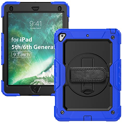 Tycolit Beschermhoesje voor iPad 6e en 5e generatie, 9,7 inch (9,7 inch), met penhouder, polsband, 360 graden draaibaar, standaard, valbeveiliging, voor iPad 6/5/Air 2/Pro 9,7, blauw