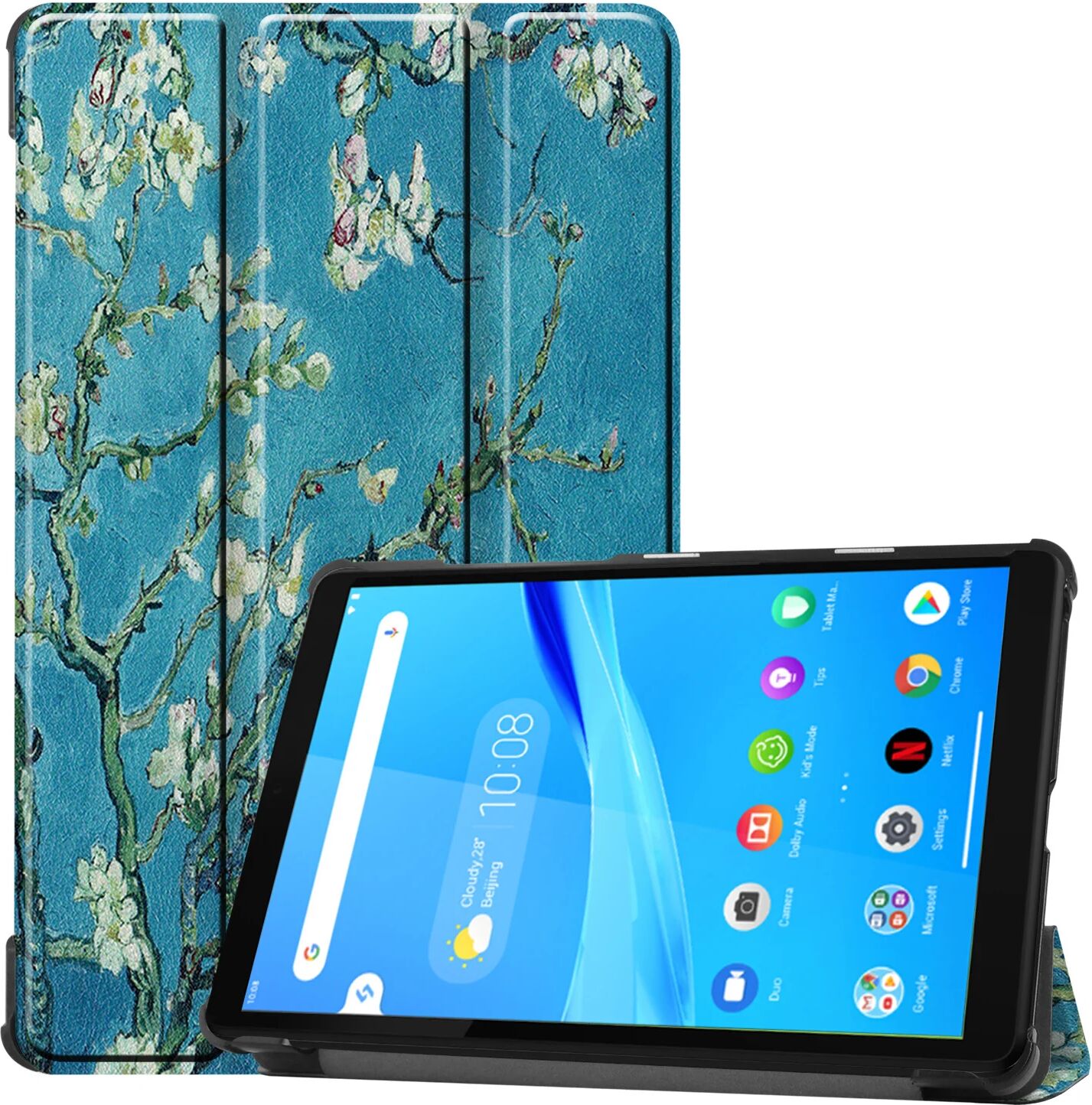 Lunso 3-Vouw sleepcover hoes Van Gogh Amandelboom voor de Lenovo Tab M8