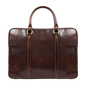 Time Resistance Leather Briefcase Bag Slim Full Grain Leather Laptop Messenger Brown