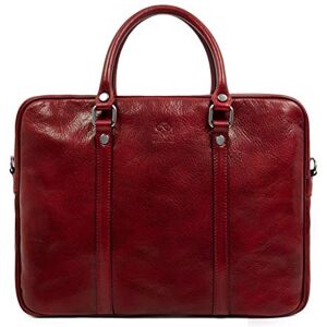 Time Resistance Leather Briefcase Bag Slim Full Grain Leather Laptop Messenger Red