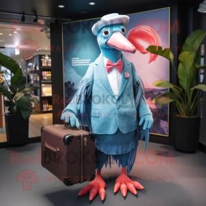 REDBROKOLY Sky Blue Flamingo mascot costume character dressed with a Cover-up and Briefcases
