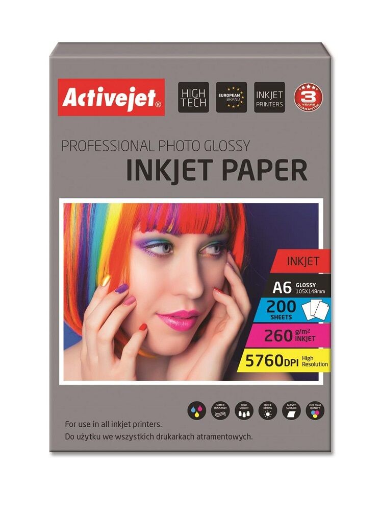 Activejet Papel Fotográfico Ap6-260gr200 A6 Lustro 200 Folhas - Activejet