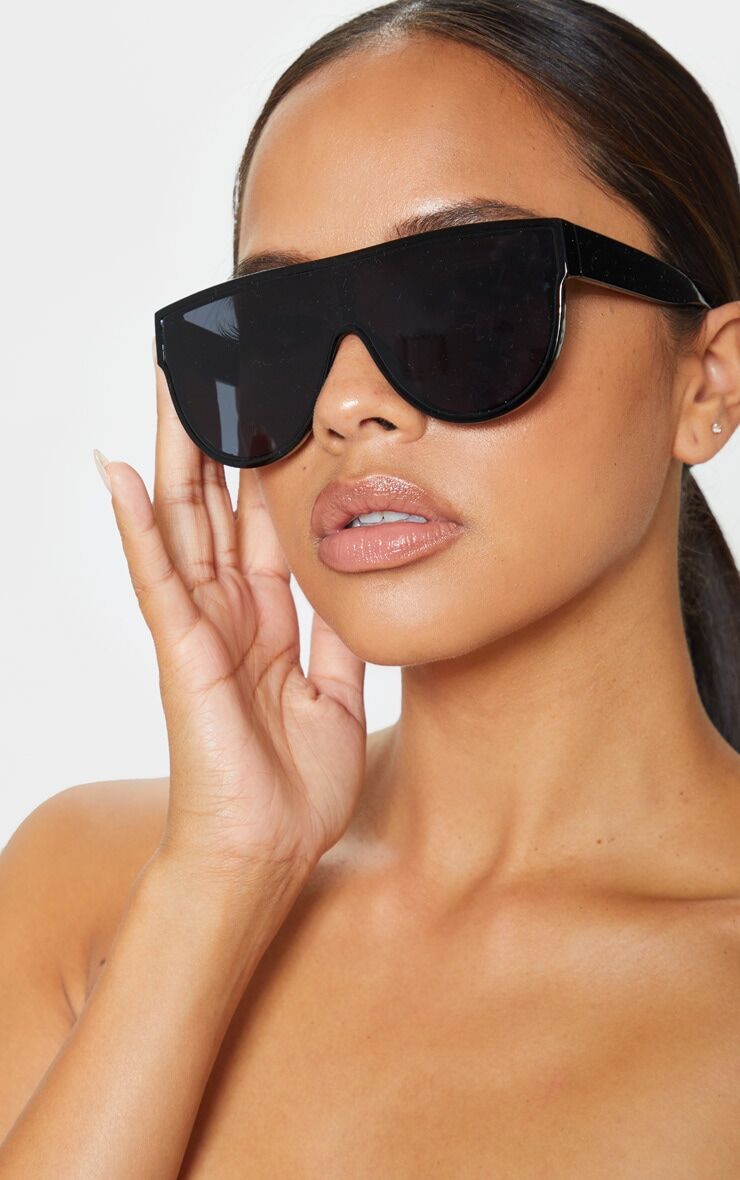PrettyLittleThing Black Tinted Oversized Flat Top Sunglasses  - Black - Size: One Size