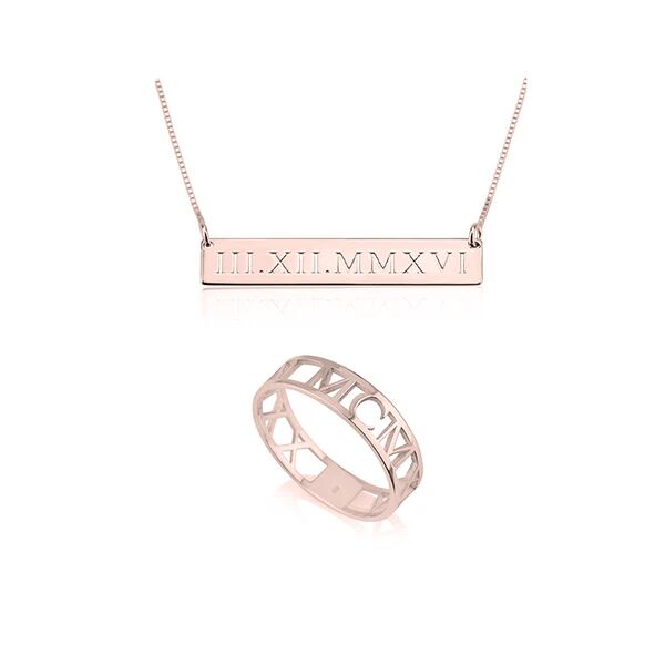 Unbranded Roman Numeral Ring And Bar Necklace Set