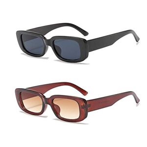 YAMEIZE Rectangle Sunglasses for Women Men 2 Pack 90’s Vintage Driving Square Small Glasses UV400 Protection (Black+Brown) - Publicité