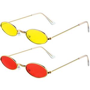 Frienda 2 Paires Lunettes de Soleil Ovales Vintage Petites Lunettes de Soleil Ovales Mini Lunettes Rondes Élégantes Vintage pour Femme Fille Homme (Lentille Rouge/Jaune et Monture Dorée) - Publicité