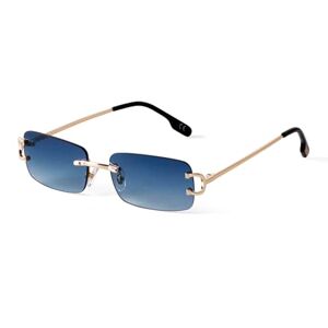 Adewu Sunglasses Retro Vintage Glasses Rimless Uv Protection Slim Rectangular Sunglasses Men Women Unisex, Gold-Blue Gradient