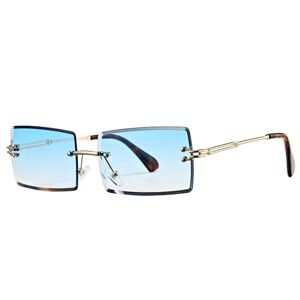 MPOWRX Rimless Rectangle Sunglasses for Women Frameless Square Shades for Men UV400 Eyewear -C6 Blue