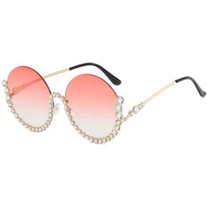 Kiasrzn Fashion Retro Round Diamond Sunglasses,Women'S Shiny Rhinestone Round Half-Frame Gradient Sunglasses (Pink)