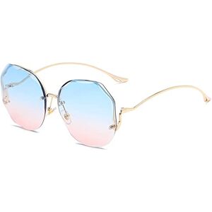 Gsauu Sibeg Luxury Round Gradient Sunglasses For Women 2024 New Metal Curved Temples Eyewear Ocean Rimless Fashion Sun Glasses Ladies UV400(Color:Blue Pink)