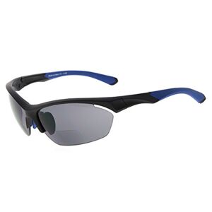 Eyekepper TR90 Sports Bifocal Sunglasses Baseball Running Fishing Driving Golf Softball Hiking Half-Rimless Reading Glasses (Black Frame Blue Temple, 1.50)