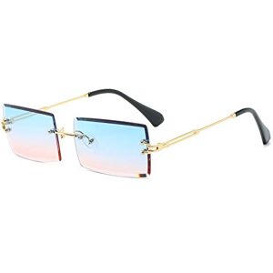 Grainas Retro Rimless Rectangle Sunglasses For Women Men Tinted Lens Gold Metal Frameless Square Glasses Vintage Eyewear (Blue Pink)