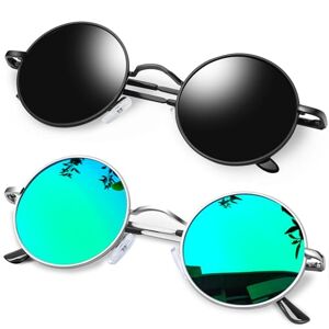 Kanastal 2 Pack Polarised Round Sunglasses Mens Hippie Uv Womens Vintage Green Black Metal Frame Mirrored - Black Frame Black Lens + Silver Frame Green Lens