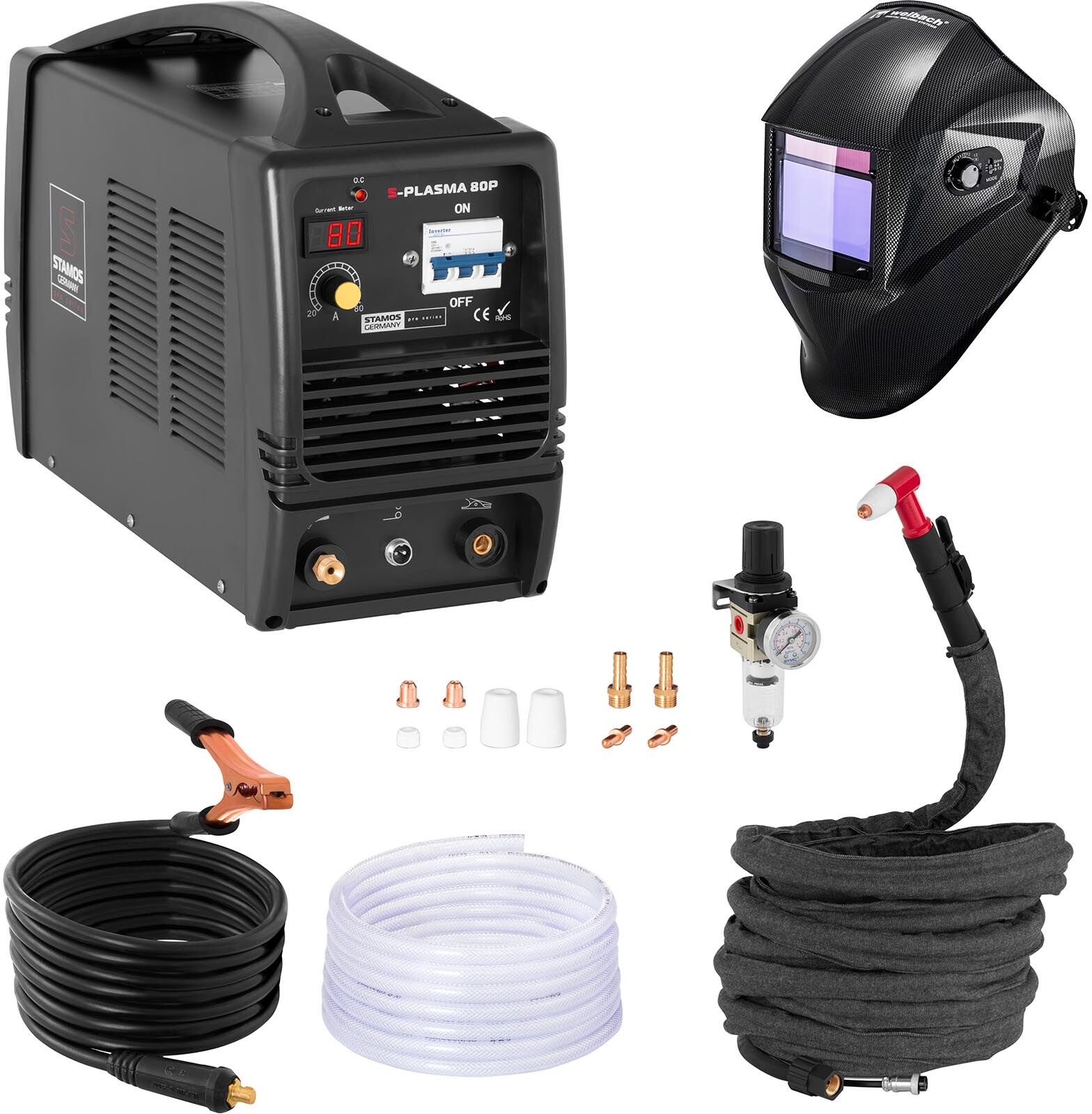 Stamos Pro Series Welding Set Plasma Cutter - 80 A - 400 V + Welding helmet – Carbonic - PROFESSIONAL SERIES