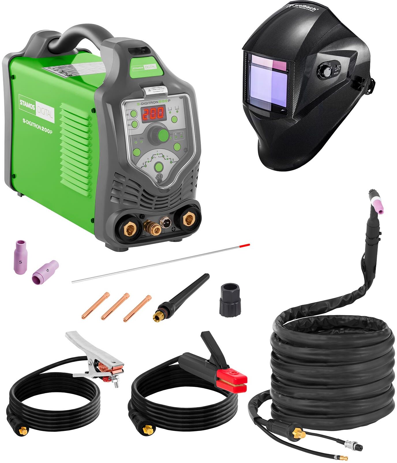 Stamos ECO Welding Set TIG Welder - 200 A - 230 V - Pulse - digital - 2/4 Tact + Welding helmet – Carbonic - PROFESSIONAL SERIES