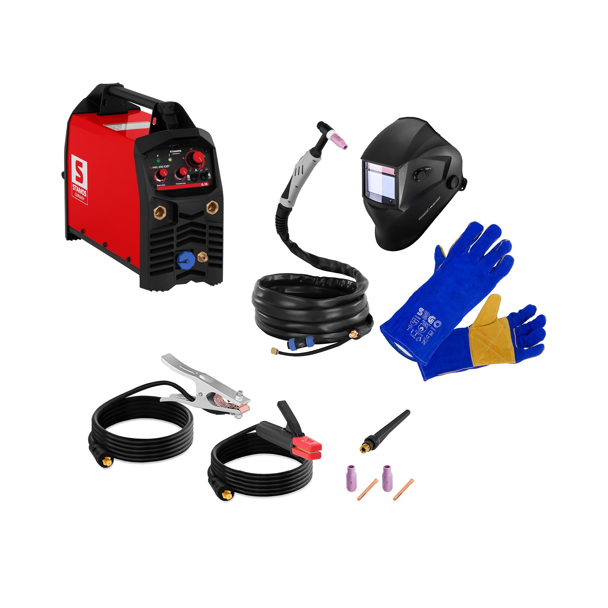 Stamos Germany TIG Welder Set - 200 A - IGBT + welding helmet LEGEND + welding gloves