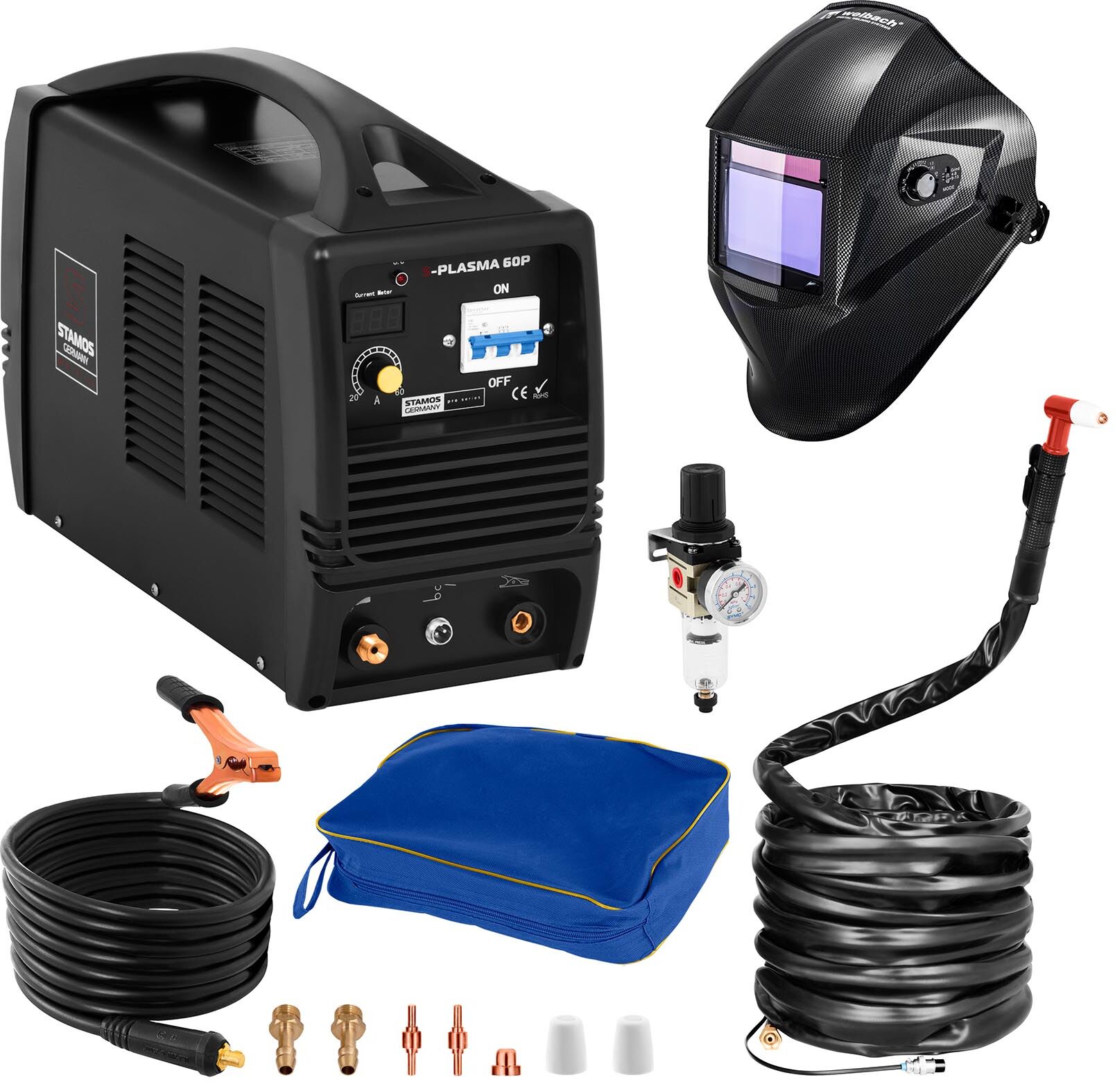 Stamos Pro Series Welding Set Plasma Cutter - 60 A - 400 V + Welding helmet – Carbonic - PROFESSIONAL SERIES