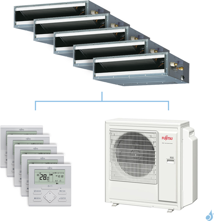 FUJITSU Climatisation penta-split FUJITSU gainable KLLAP 9.5kW taille 2 + 2.5 + 3.5 + 3.5 + 4 - ARXG07/09/12/12/14KLLAP + AOYG36KBTA5