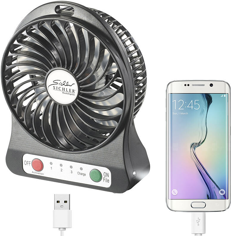 Sichler Haushaltsgeräte 3in1-Akku-Tisch-Ventilator mit Powerbank-Funktion & Leuchte, 1.800 mAh