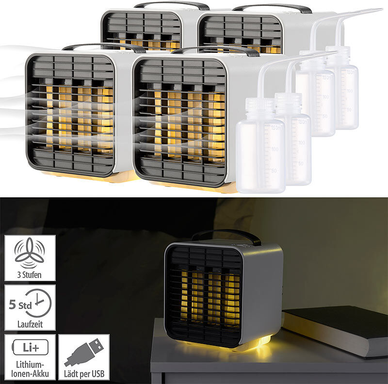 Sichler Haushaltsgeräte 4er-Set Mini-Akku-Luftkühler, 3-stufig, Nachtlicht, 5 Std. Laufzeit