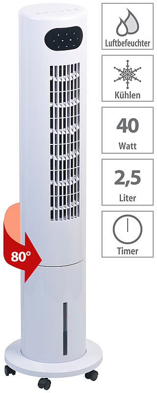 Sichler Haushaltsgeräte 3in1-Turmventilator, Luftkühler & -befeuchter, 80° Oszillation, 40 W