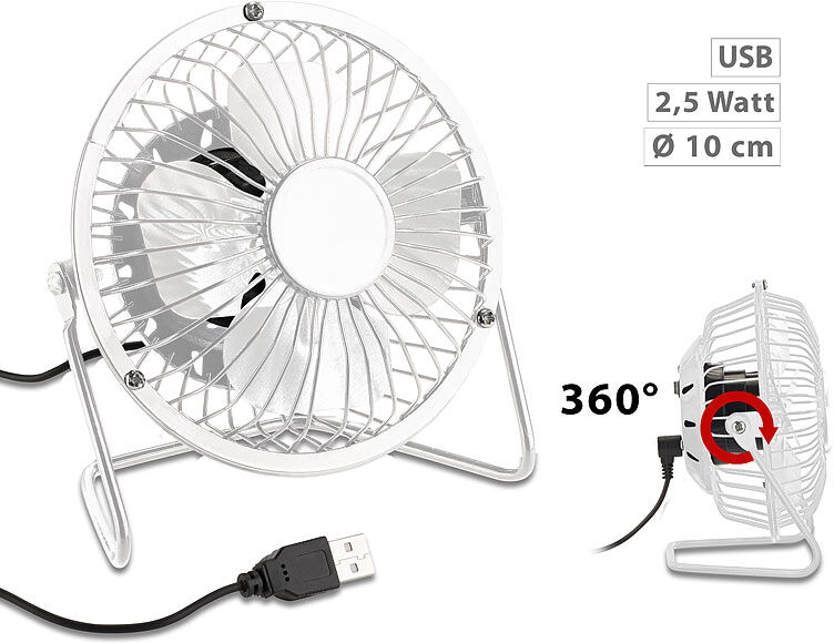 Sichler Haushaltsgeräte Mini-USB-Tischventilator, Vollmetall, neigbar um 360°, 2,5 W, Ø 10 cm