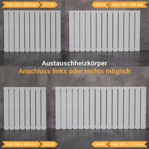 WITEN&NOCK Designheizkörper Bauhöhe 600 mm mit seitlichen Anschlüssen na 550 mm Flachheizkörper weiß Einlagig Breite 832 mm 611 Watt