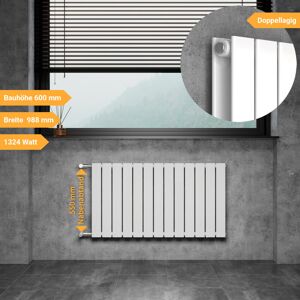 WITEN&NOCK Designheizkörper Bauhöhe 600 mm Breite 998 mm Flachheizkörper mit seitlichen Anschlüssen na 550 mm 1324 Watt weiß doppellagig