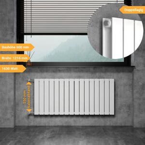 WITEN&NOCK Designheizkörper Bauhöhe 600 mm Breite 1216 mm Flachheizkörper mit seitlichen Anschlüssen na 550 mm 1630 Watt weiß doppellagig