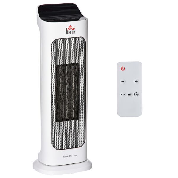 homcom stufetta elettrica oscillante con telecomando, temperatura regolabile e timer, potenza 1000w/2000w, 17.6x13.7x50cm, bianco