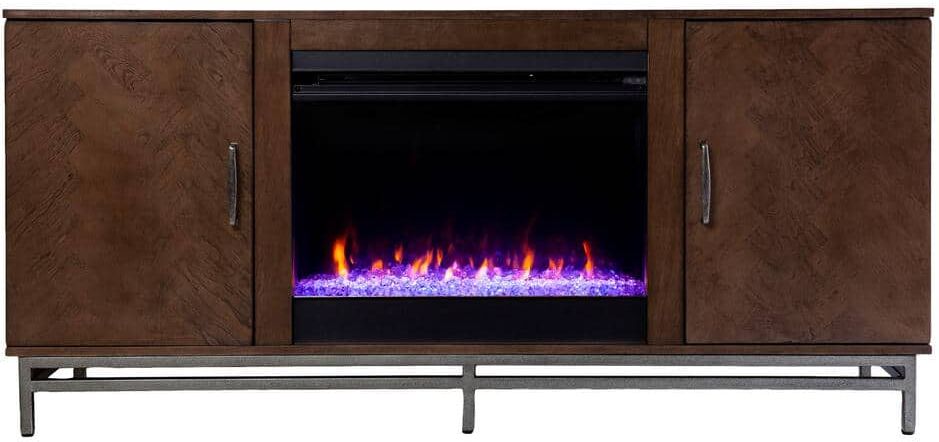 Southern Enterprises Oliver 60 in. Color Changing Electric Fireplace in Brown with Matte Silver