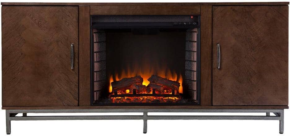 Southern Enterprises Oliver 60 in. Electric Fireplace in Brown with Matte Silver