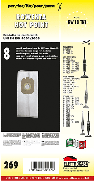 ELETTROCASA Confezione 8 sacchi aspirapolvere  RW 18 TNT