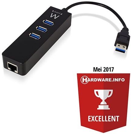 Ewent EW1140 3-Poorts USB 3.1 Gen1 (USB 3.0) HUB Gigabit Netwerkpoort - Zwart