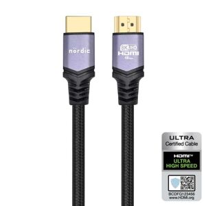 NÖRDIC CERTIFIED CABLES 1,5m Ultra High Speed ​​​​HDMI 2.1 8K 60Hz 4K 120Hz 48Gbps Dynamic HDR eARC Game Mode VRR Dolby ATMOS Nylonflettet guldbelagt