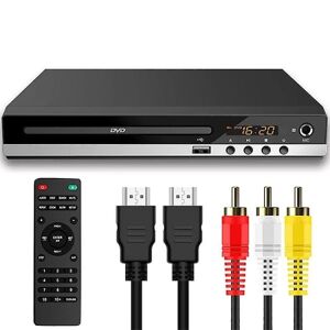 DVD-afspiller til TV med HDMI, DVD-afspiller, der afspiller alle regioner, CD-afspiller til hjemmelydsystem, HDMI og RCA-kabel medfølger