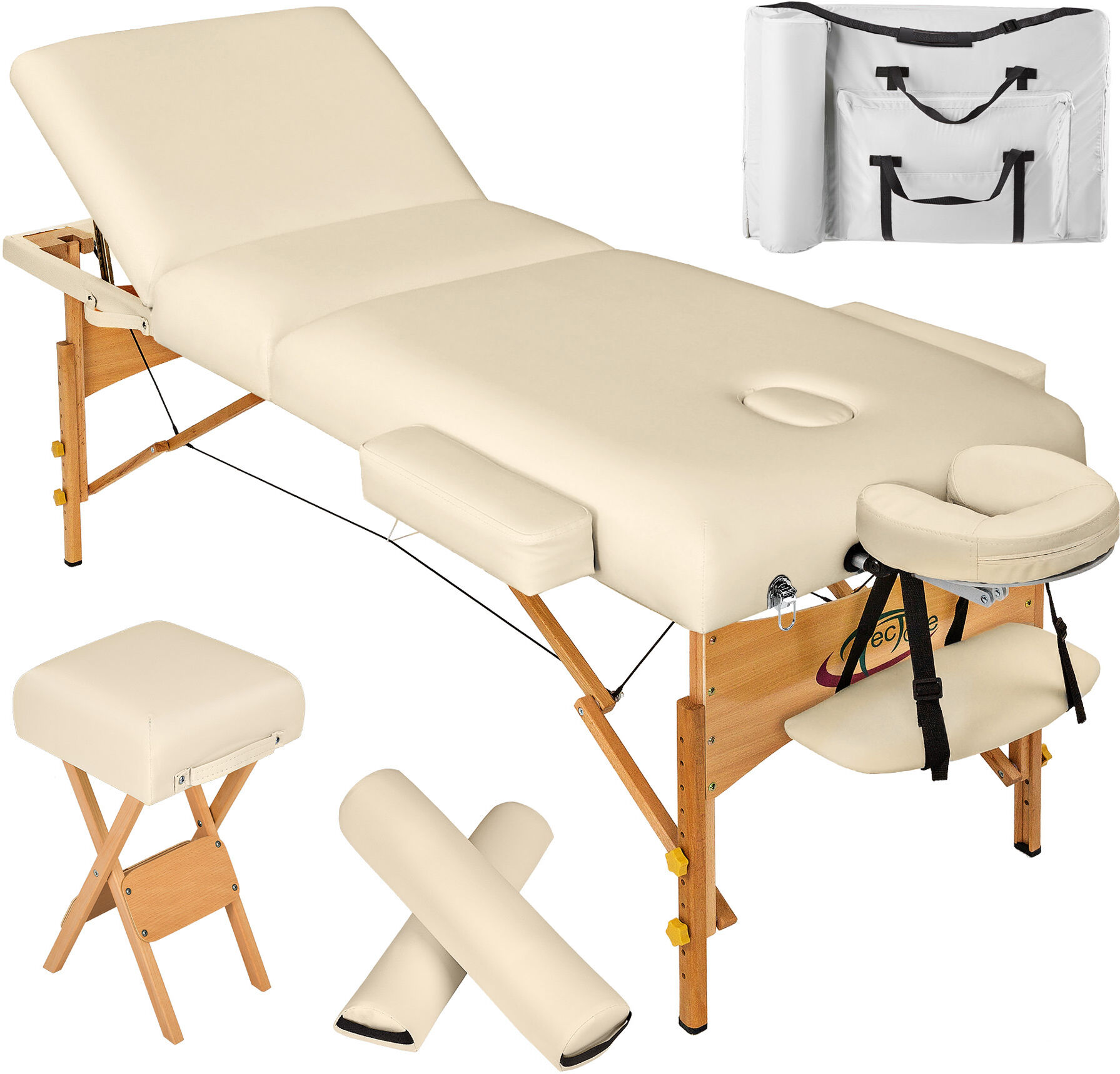 tectake 3-Zonen Massageliege 10cm Polsterung + Rollen + Hocker + Tasche - beige