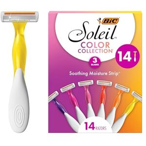 BIC Ensemble de rasoirs jetables haute qualité avec lubrifiant à l’aloe vera et vitamine E pour femme, couleur jaune soleil, 14 pièces, 3 lames - Publicité