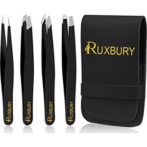 Ruxbury Lot de 4 pinces à épiler professionnelles en acier inoxydable avec revêtement de couleur noire pour poils incarnés avec pochette en cuir - Publicité