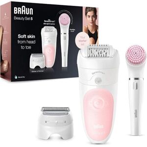 Braun Silk-épil Beauty Set 5 Épilateur Électrique Femme Blanc/Rose, pour débutantes, 6-en-1 Sans Fil, Wet & Dry, Rasoir, Nettoyage Et Exfoliation, Visage Et Corps, 5-895 - Publicité